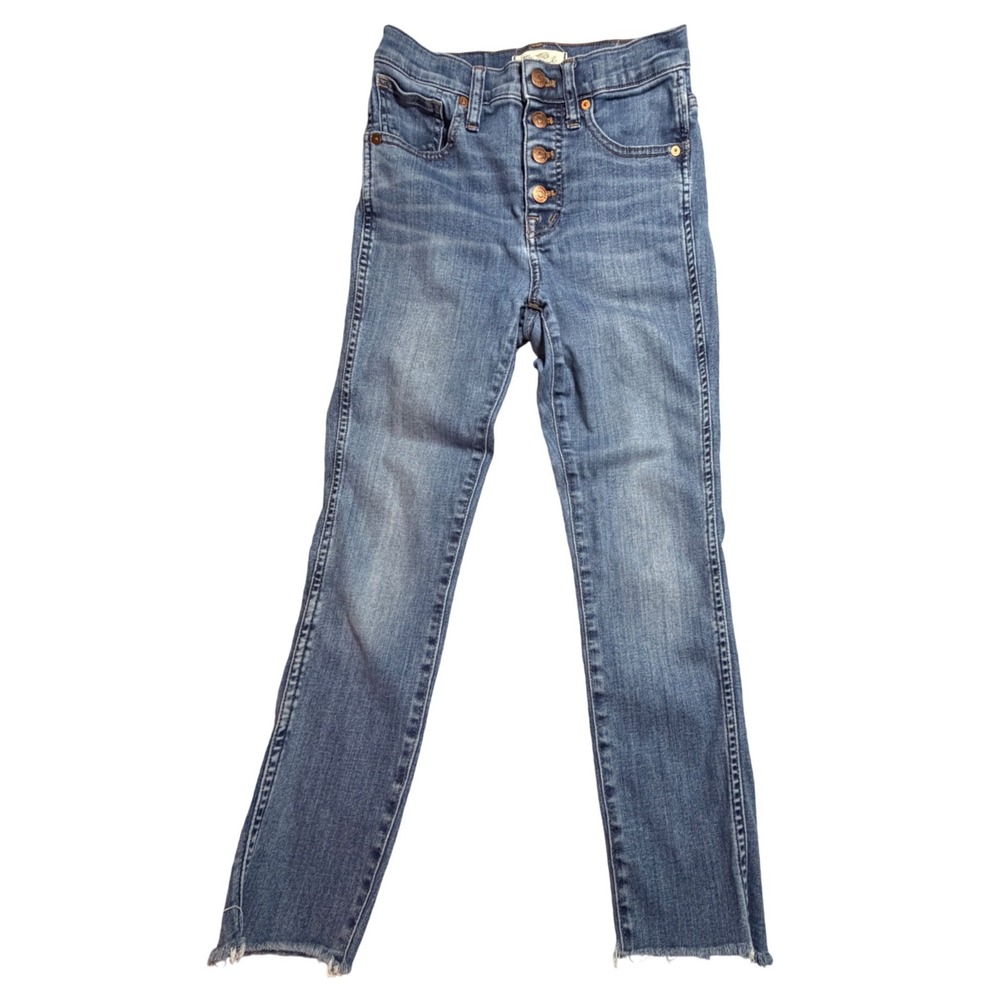 Madewell 10 High-Rise Skinny Jeans Blue Button Fly Raw Hem Size 25 Summer Raw